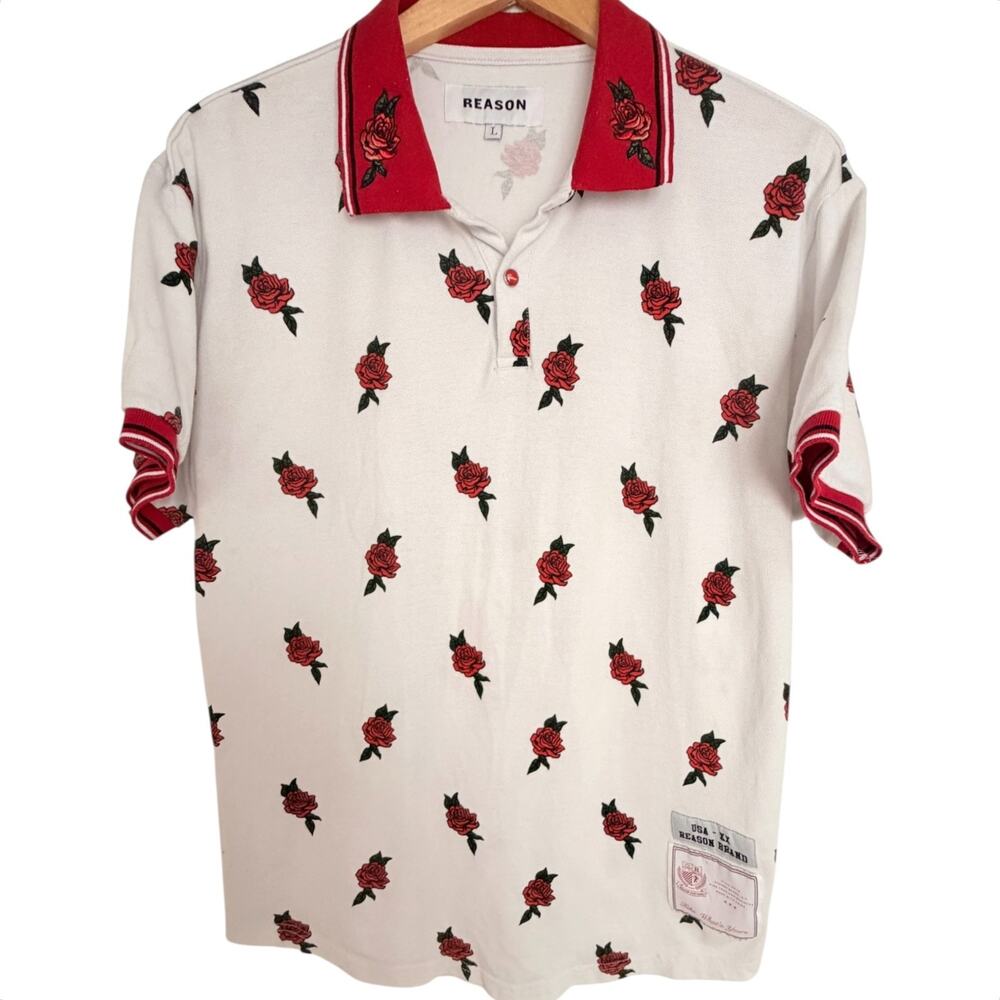 Reason Men's Large White Red Allover Rose Print Short Sleeve Polo Shirt